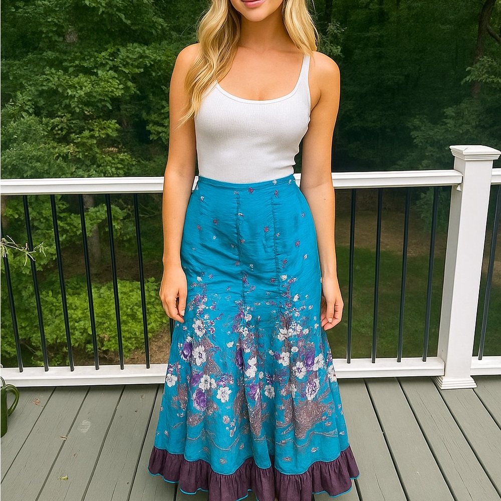 Handmade Stunning Elegant Teal Floral Fishtail Maxi Skirt Small